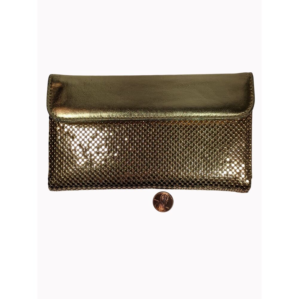 Vintage Whiting & Davis Gold Mesh Wallet Checkbook Clutch NOS Glam Coquette 70s